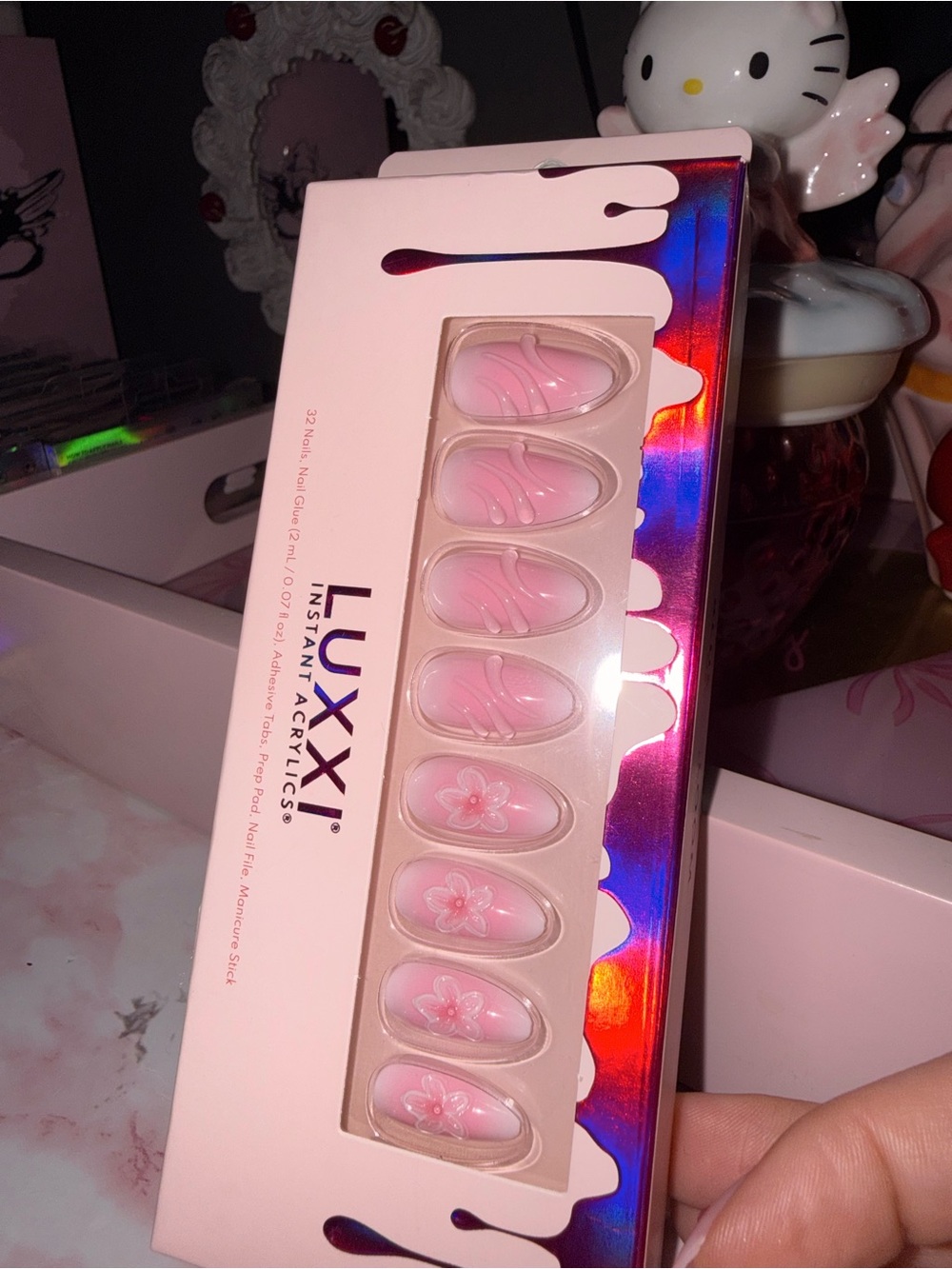 LUXXI Blush Bloom Pink Floral Press-On Nails in Medium Almond